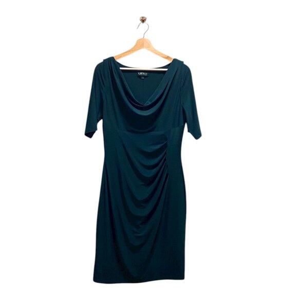 Lauren Ralph Lauren Sinched Ruched Midi Dress Forest Green Size 14 Holiday Cute - Picture 2 of 12